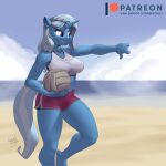  1:1 2022 anthro ball beach clothed clothing digital_media_(artwork) equid equine female friendship_is_magic gesture hair hasbro holding_ball holding_object horn kevinsano long_hair mammal midriff multicolored_hair multicolored_tail my_little_pony patreon patreon_logo purple_eyes seaside signature smile solo text thumbs_down trixie_(mlp) two_tone_hair unicorn url volleyball_(ball) 