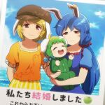 3girls animal_ears bangs blonde_hair blue_dress blue_hair blue_sky character_request child closed_eyes cloud commentary_request dango day dress earclip eyebrows_visible_through_hair flat_cap floppy_ears food hair_between_eyes half-closed_eyes hat highres light_smile long_hair looking_at_viewer multi-tied_hair multiple_girls ocean open_mouth orange_shirt outdoors photo_(object) puffy_short_sleeves puffy_sleeves rabbit_ears red_eyes ringo_(touhou) seiran_(touhou) shirosato shirt short_hair short_sleeves sky touhou translation_request twintails wagashi water 