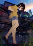  1girl bangs bare_legs black_hair blue_bow blue_skirt blue_sky blurry bokeh bow brown_footwear city closed_mouth cloud cloudy_sky commentary_request depth_of_field full_body grass hair_between_eyes hair_ornament hand_in_pocket kamizaki_hibana looking_at_viewer looking_down medium_hair no_socks original outdoors pink_eyes shirt shoes short_sleeves sidelocks skirt sky solo standing sweater thighs white_shirt yellow_sweater 