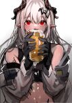  1girl alcohol arknights bare_shoulders beer beer_mug black_gloves black_sports_bra blush bodysuit covered_mouth cup demon_horns ear_piercing gloves grey_hair hair_ornament holding holding_cup horns long_hair long_sleeves looking_at_viewer mudrock_(arknights) mug navel open_bodysuit oripathy_lesion_(arknights) piercing red_eyes shinonome_nemu_(nemulog_sn) simple_background solo sports_bra straight-on upper_body white_background white_bodysuit 