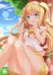  1girl :d bangs blonde_hair blue_eyes blue_sky blush breasts cloud commentary_request day eyebrows_visible_through_hair feet_out_of_frame fujisawa_yuzu hair_between_eyes hands_up highres knees_together_feet_apart knees_up long_hair looking_at_viewer medium_breasts ongeki outdoors shirt short_sleeves skirt sky smile solo tree two_side_up very_long_hair white_shirt yellow_skirt zenon_(for_achieve) 