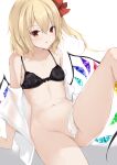  1girl bangs bare_shoulders black_bra blonde_hair blush bottomless bra breasts collarbone crystal eyebrows_visible_through_hair feet_out_of_frame flandre_scarlet groin hair_between_eyes highres kashiwagi_yamine knee_up leg_up looking_at_viewer navel no_hat no_headwear off_shoulder open_clothes open_shirt parted_lips red_eyes red_ribbon ribbon shirt small_breasts solo stomach thighs touhou underwear white_background white_shirt wings 