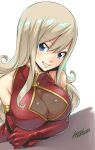  1girl arms_under_breasts bangs bare_shoulders blonde_hair blue_eyes breasts cleavage_cutout clothing_cutout crossed_arms dress eden&#039;s_zero elbow_gloves gloves hair_between_eyes highres large_breasts leaning_on_table long_hair looking_at_viewer mashima_hiro official_art rebecca_bluegarden red_dress red_gloves shiny shiny_hair signature sleeveless sleeveless_dress smile solo white_background 