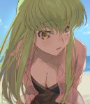  1girl bangs beach blonde_hair breasts c.c. cleavage code_geass commentary creayus error eyebrows_visible_through_hair green_hair leaning_forward long_hair medium_breasts open_clothes open_mouth open_shirt shaded_face sidelocks solo sweat upper_body 