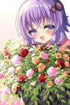  1girl bangs blush bouquet crossed_arms eyebrows_visible_through_hair flower hair_ornament half-closed_eyes highres hinao holding holding_bouquet hood hoodie long_sleeves looking_at_viewer low_twintails open_mouth purple_eyes purple_hair rose short_hair_with_long_locks smile solo twintails vocaloid voiceroid yuzuki_yukari 