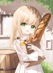  1girl :d bag baguette bangs barrel bottle bread day dress eyebrows_visible_through_hair food green_eyes grocery_bag hair_between_eyes light_brown_hair long_hair long_sleeves looking_at_viewer object_hug original outdoors paper_bag shopping_bag sleeves_past_wrists smile solo waka_(yuuhagi_(amaretto-no-natsu)) white_dress wide_sleeves yuuhagi_(amaretto-no-natsu) 