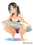  1girl artist_name barefoot bikini black_hair breasts cleavage eyebrows_visible_through_hair fingernails full_body hair_between_eyes hand_on_own_face innertube koutaro large_breasts long_hair looking_at_viewer open_mouth original purple_bikini red_eyes simple_background smile solo squatting swimsuit teeth toenails toes white_background 
