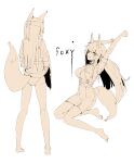 0w07 1girl absurdres animal_ear_fluff animal_ears arknights ass bare_legs barefoot breasts clothes_lift collared_shirt english_text extra_ears fox_ears fox_girl fox_tail franka_(arknights) full_body heart highres large_breasts lifted_by_self long_hair monochrome multiple_views shirt short_sleeves sidelocks simple_background sitting skirt skirt_lift standing straight_hair stretch tail tail_through_clothes very_long_hair white_background yellow_theme 