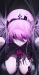  1girl bangs black_dress breasts closed_mouth dress earrings eyebrows_visible_through_hair hair_between_eyes highres hololive hololive_english jewelry large_breasts looking_away mori_calliope pink_hair purple_eyes solo tiara upper_body veil virtual_youtuber yaguo 