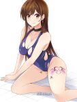  1girl artist_name bangs bare_arms bare_legs bare_shoulders blue_swimsuit breasts brown_eyes brown_hair choker cleavage closed_mouth ear_piercing earrings gs_(onsen_syndicate) highres jewelry kanojo_okarishimasu large_breasts leg_tattoo legs long_hair looking_at_viewer mizuhara_chizuru nipple_piercing nipple_slip nipples piercing simple_background smile solo swept_bangs swimsuit tattoo thighs tile_floor tiles torn_clothes torn_swimsuit white_background 