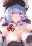 1girl animal_ears animal_print bangs bare_shoulders bikini blue_hair blush breasts catura_(granblue_fantasy) cleavage commentary_request cow_ears cow_girl cow_hat cow_horns cow_print detached_collar detached_sleeves draph ear_piercing granblue_fantasy haoni highres horns large_breasts long_hair looking_at_viewer open_mouth piercing pointy_ears purple_eyes see-through solo swimsuit thighs white_bikini wide_sleeves 
