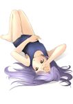  1girl arm_up bangs bare_arms bare_legs bare_shoulders barefoot blue_swimsuit breasts brown_eyes full_body highres knees_up long_hair old_school_swimsuit one-piece_swimsuit original purple_hair school_swimsuit shadow shibacha small_breasts solo swimsuit white_background 