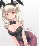  1girl :q alternate_costume animal_ears azur_lane bangs bare_shoulders black_bow black_bowtie blonde_hair bow bowtie breasts cleavage curly_hair detached_collar eyebrows_visible_through_hair fake_animal_ears fake_tail gatchapowa gradient gradient_background grey_background highres large_breasts long_hair looking_at_viewer lutzow_(azur_lane) pantyhose playboy_bunny rabbit_ears rabbit_tail red_eyes red_legwear solo tail tongue tongue_out 
