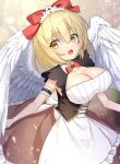  1girl angel_wings apron armband bangs black_skirt blonde_hair bow bowtie breasts cleavage cleavage_cutout clothing_cutout collared_dress commentary_request dress eyebrows_visible_through_hair eyelashes feathered_wings frilled_apron frilled_skirt frills gengetsu_(touhou) hair_bow large_breasts maid_headdress open_mouth red_bow red_bowtie sea_scorpion_(umisasori) short_hair short_sleeves skirt touhou touhou_(pc-98) waist_apron white_apron white_wings wings yellow_eyes 