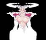  1girl arms_at_sides black_background breasts collarbone colored_eyelashes di_yi_xing_zian glowing horns large_breasts looking_at_viewer monster_girl no_nipples notched_ear original oversized_forearms oversized_limbs pointy_ears red_eyes white_hair 