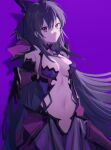  1girl armor bangs black_gloves black_hair bow breasts cleavage closed_mouth date_a_live elbow_gloves faulds floating_hair gloves hair_between_eyes hair_bow long_hair medium_breasts navel nogi_lace purple_background purple_bow purple_eyes purple_skirt reaching_out revealing_clothes shadow skirt solo standing very_long_hair yatogami_tooka 