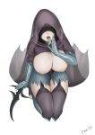  1girl absurdres black_knife_(elden_ring) black_knife_tiche breasts cloak elden_ring fellatio_gesture gauntlets highres hood hooded_cloak inverted_nipples kneeling large_breasts mato_kuroi saliva see-through see-through_legwear shaded_face signature toeless_legwear tongue tongue_out topless 