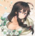  1girl ahoge bare_shoulders black_hair blue_eyes braid flower hair_flaps hair_over_shoulder highres kantai_collection looking_at_viewer shigure_(kancolle) single_braid solo sunday_aki upper_body 