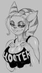  alien angela_cross anthro bedroom_eyes big_breasts black_and_white breasts cleavage clothed clothing female hair hi_res hooters hooters_uniform lombax looking_at_viewer loose_hair mammal monochrome narrowed_eyes nipple_outline pltnm06ghost ponytail ratchet_and_clank seductive shirt sketch sony_corporation sony_interactive_entertainment stripes tank_top tongue tongue_out topwear video_games 