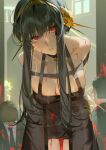  1girl absurdres bangs bare_shoulders black_dress black_hair blood blood_splatter breasts cleavage death dress flower hair_flower hair_ornament hairband highres long_hair multiple_boys red_eyes sidelocks spy_x_family tefco weapon yor_briar 