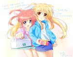  2girls alternate_costume blonde_hair blue_eyes box casual couple fate_testarossa hair_ribbon happy holding_hands interlocked_fingers kerorokjy lyrical_nanoha mahou_shoujo_lyrical_nanoha multiple_girls orange_hair pink_ribbon red_eyes ribbon short_twintails simple_background smile takamachi_nanoha translation_request twintails white_background white_ribbon yuri 