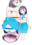  1girl :d apron ass bangs bikini black_footwear black_hair blue_apron blue_bikini blue_scarf blunt_bangs blush commentary_request covering_mouth cropped_legs eniwa_shii eyebrows_visible_through_hair flat_chest from_behind hand_over_own_mouth hand_up highres holding holding_tray looking_at_viewer looking_back medium_hair micro_bikini mole mole_under_eye navel pearl_thong pussy pussy_peek reflection scarf shoulder_blades simple_background smile solo squatting super_cub swimsuit tareme tray ukokkei upper_body white_background 