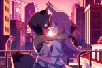  2girls animal_ears brand_new_animal building city closed_mouth eye_contact fox_ears fox_girl fox_tail furry furry_female highres hiwatashi_nazuna hug kagemori_michiru long_hair looking_at_another michirutnk multiple_girls outdoors pink_sky profile raccoon_ears raccoon_girl raccoon_tail red_eyes short_hair sky smile sunset tail yuri 