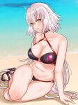  1girl ahoge arm_support bangs breasts cleavage crossed_bangs fate/grand_order fate_(series) grey_hair hair_between_eyes high_heels highres jeanne_d&#039;arc_alter_(fate) jeanne_d&#039;arc_alter_(swimsuit_berserker)_(fate) large_breasts light_blush long_hair looking_at_viewer ocean parted_lips sand smile solo thigh_gap thighs toes tomotomow00w very_long_hair water white_hair yellow_eyes 