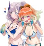 2girls :d absurdres bikini blue_bikini bow bracelet breasts choker cleavage cup drink drinking_straw earrings feather_hair_ornament feathers gradient_hair green_eyes green_hair hair_bow hair_ornament hand_on_another&#039;s_hip heart highres holding holding_cup holding_drink hololive hololive_english hololive_indonesia jewelry large_breasts long_hair multicolored_hair multiple_girls navel necklace open_mouth orange_hair pavolia_reine ponytail purple_eyes side-tie_bikini simple_background smile swimsuit takanashi_kiara tongue tongue_out virtual_youtuber white_background white_bikini white_hair yomosaka 