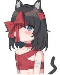  1girl animal_ears bandage_over_one_eye bandaged_arm bandages black_hair bow cat_ears cat_girl cat_tail flat_chest gift_wrapping highres naked_ribbon original red_ribbon ribbon satou_(3366_s) short_hair tail wrapped 