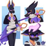  anubian_jackal artwithrozel blush canid canine canis collar dislyte drew_(dislyte) egyptian_mythology fencing gold_(metal) gold_collar head_pat hi_res humanoid jackal male mammal melee_weapon middle_eastern_mythology mythology purple_eyes solo sword weapon 