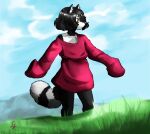  admiring animal_humanoid anthro baggy_clothing canid canine clothed clothing cloudy cloudy_sky grass_field hi_res humanoid leofwulf male mammal mammal_humanoid mountain procyonid procyonid_humanoid raccoon raccoon_dog scenery solo solo_focus swinging_arms tagme tanuki 