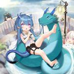  3girls :o absurdres animalization arknights bangs bare_shoulders barefoot bathing belt black_hair black_shorts blue_hair blush blush_stickers bottle detached_collar dragon dragon_girl dragon_horns dragon_tail dusk_(arknights) eyebrows_visible_through_hair fish hair_over_one_eye highres holding holding_bottle horns kuroshiroemaki lantern lee_(arknights) leg_up ling_(arknights) long_hair looking_at_viewer multicolored_hair multiple_girls navel necktie nian_(arknights) onsen open_mouth peeking_out pointy_ears purple_eyes shirt short_shorts shorts siblings sisters solo_focus strapless strapless_shirt streaked_hair submerged tail two-tone_hair very_long_hair water white_hair white_shirt yellow_necktie younger |_| ||_|| 