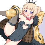  1girl :d animal_ears azur_lane bache_(azur_lane) bangs black_leotard blonde_hair bow bowtie breasts cleavage_cutout clothing_cutout coat detached_collar fur_trim heart heart-shaped_pupils leg_up leotard long_hair looking_at_viewer open_mouth playboy_bunny purple_eyes rabbit_ears red_bow red_bowtie shirogane_hakuba simple_background small_breasts smile solo standing standing_on_one_leg symbol-shaped_pupils twintails white_background yellow_coat 
