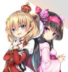  2girls :d back-to-back bangs black_hair blonde_hair blue_eyes blush bow breasts character_request closed_mouth clover_hair_ornament commentary_request crown dress eyebrows_visible_through_hair flower flower_knight_girl four-leaf_clover_hair_ornament gloves hair_between_eyes hair_bow hair_flower hair_ornament hairband highres japanese_clothes kaguyuu kimono layered_sleeves long_hair long_sleeves mini_crown multiple_girls obi pink_flower pink_hairband pink_kimono pink_rose puffy_short_sleeves puffy_sleeves purple_eyes red_bow red_dress rose sash short_over_long_sleeves short_sleeves small_breasts smile tilted_headwear very_long_hair white_gloves wide_sleeves 