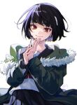  1girl bandages bangs fur_trim hakuri jacket long_sleeves looking_at_viewer original own_hands_clasped own_hands_together purple_hair red_eyes sachi-iro_no_one_room sachi_(sachi-iro_no_one_room) school_uniform short_hair simple_background skirt smile solo white_background 
