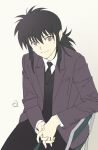  1boy black_hair chair closed_mouth folding_chair highres interlocked_fingers kurama_(yu_yu_hakusho) long_hair looking_at_viewer male_focus necktie nori_(norimakigumo) own_hands_together simple_background sitting smile solo yu_yu_hakusho 