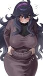  1girl @_@ absurdres ahoge alternate_breast_size bangs belly belly_grab black_hair blush breasts dress hair_between_eyes hairband hex_maniac_(pokemon) highres huge_breasts long_hair messy_hair nia_(nia4294) pinching plump pokemon purple_eyes purple_hairband solo tight tight_dress weight_conscious 