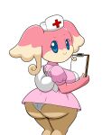  anthro audino big_breasts big_butt blue_eyes breasts butt clipboard clothing dress female hat headgear headwear hi_res holding_clipboard holding_object looking_at_viewer looking_back multicolored_body nintendo nurse panties pok&eacute;mon pok&eacute;mon_(species) smile solo tansau thick_thighs two_tone_body underwear upskirt video_games wide_hips 