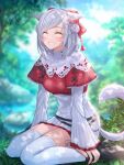  1girl animal_ears avatar_(ff14) bangs blurry blurry_background breasts cat_ears cat_tail closed_eyes commission day double_bun eyebrows_visible_through_hair facial_mark final_fantasy final_fantasy_xiv highres medium_breasts miqo&#039;te mirukurim outdoors parted_bangs sitting skeb_commission smile solo tail teeth thighhighs wariza whisker_markings white_legwear 