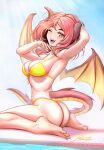  1girl ass bikini bikini_day breasts broken_horn brown_eyes dragon_horns dragon_tail dragon_wings from_side highres horns long_hair looking_at_viewer medium_breasts one_eye_closed open_mouth original red_hair revenantart signature sitting solo swimsuit tail wariza watermark wings yellow_bikini 