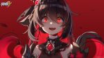 1girl ai_xiao_meng black_hair colored_inner_hair gem honkai_(series) honkai_impact_3rd lips long_hair looking_at_viewer multicolored_hair official_art open_mouth red_background red_eyes red_hair seele_(alter_ego) seele_vollerei seele_vollerei_(stygian_nymph) 