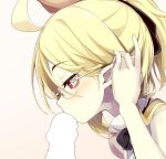  1boy 1girl adjusting_hair ahoge airi_(ogami_kazuki) bags_under_eyes black_bow black_bowtie blank_censor blonde_hair blush bow bowtie censored glasses hand_on_another&#039;s_head huge_ahoge kissing_penis long_hair ogami_kazuki original pale_skin penis pointy_ears ponytail profile red_eyes rimless_eyewear sidelocks vampire 