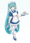  1girl absurdres apron blue_eyes blue_hair bridal_gauntlets commentary_request cup eyebrows_visible_through_hair full_body hair_between_eyes hatsune_miku highres long_hair looking_at_viewer maid maid_apron maid_headdress nekoinu_bamboo plate short_sleeves simple_background smile solo teacup thighhighs tray twintails very_long_hair vocaloid white_background zettai_ryouiki 