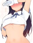  1girl black_hair blush breasts character_name closed_mouth collared_shirt flying_sweatdrops gloves kantai_collection long_hair medium_breasts navel one-hour_drawing_challenge oyashio_(kancolle) shirt short_sleeves simple_background solo taketora_suzume underboob upper_body white_background white_gloves white_shirt 