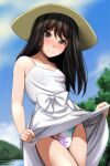  1girl blurry blurry_background blush clothes_lift dress dress_lift floral_print hat highres lifted_by_self matsunaga_kouyou medium_hair one-piece_swimsuit print_swimsuit sky smile sun_hat sundress swimsuit upskirt 