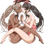  2girls animal_ears barefoot black_hair brown_hair closed_eyes dark-skinned_female dark_skin detached_collar fake_animal_ears french_kiss highres holding_hands hug keuma kiss leotard long_hair multicolored_eyes multiple_girls original playboy_bunny ponytail rabbit_ears strapless strapless_leotard white_background wrist_cuffs yuri 