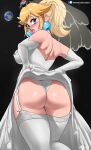 1girl absurdres ass backless_outfit bare_shoulders blonde_hair blue_eyes blush breasts bridal_veil bride clothes_lift crown dress dress_lift earrings echo_saber elbow_gloves from_behind garter_straps gloves hair_ornament highres huge_ass jewelry large_breasts long_hair looking_at_viewer looking_back mario_(series) panties ponytail princess_peach solo super_mario_odyssey thick_thighs thighhighs thighs underwear veil wedding_dress white_gloves wide_hips 