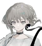  1girl black_choker black_ribbon choker closed_mouth commentary_request grey_eyes grey_hair grey_jacket iris_yi jacket looking_at_viewer mole mole_under_eye original ribbon short_hair simple_background solo upper_body white_background 