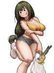  arms_under_breasts asui_tsuyu bag bread breasts denim denim_shorts food green_hair grocery_bag highres large_breasts leek lentiyay shopping_bag short_shorts shorts standing standing_on_one_leg vegetable water_drop white_footwear 